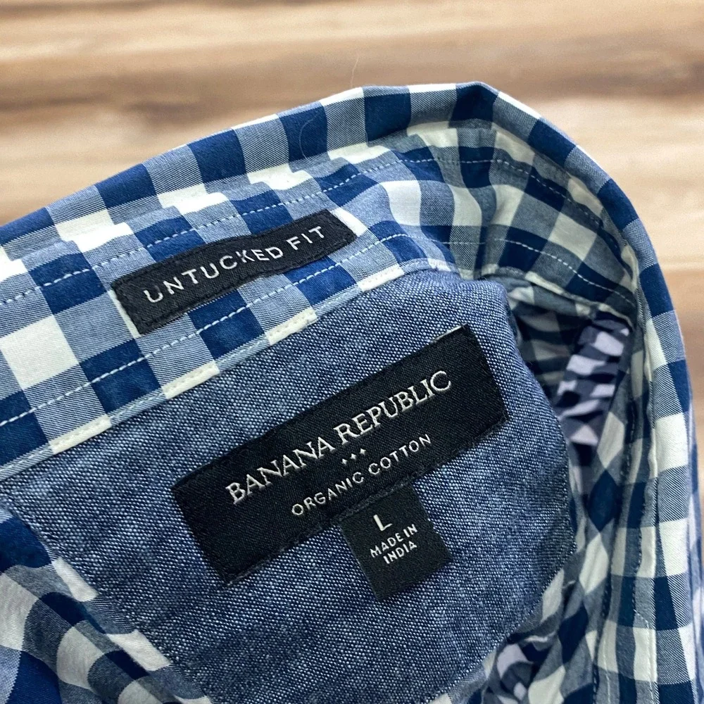Banana Republic Shirt Mens Large Gingham Organic Cotton Untucked Fit Navy Blue